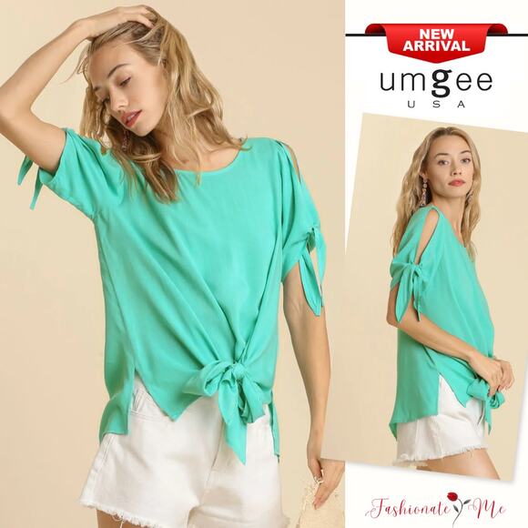 Umgee Cold Shoulder Round Neck Side Slits Tie-able Knot Details Blouse | Emerald - Picture 1 of 5